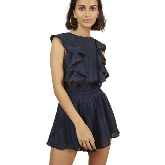 Revolve Finders Keepers Soraya Ruffle  Fringe Trim Romper Blue Tie Back Size 8 - Picture 10 of 11